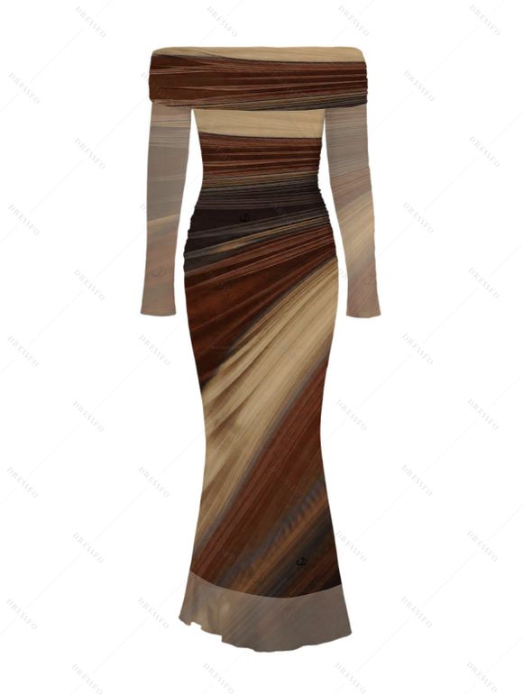 Elegant Party Dress Tie Dye Print Off the Shoulder Ruched Mesh Panel Bodycon Dress - Bronze XXL | US 14