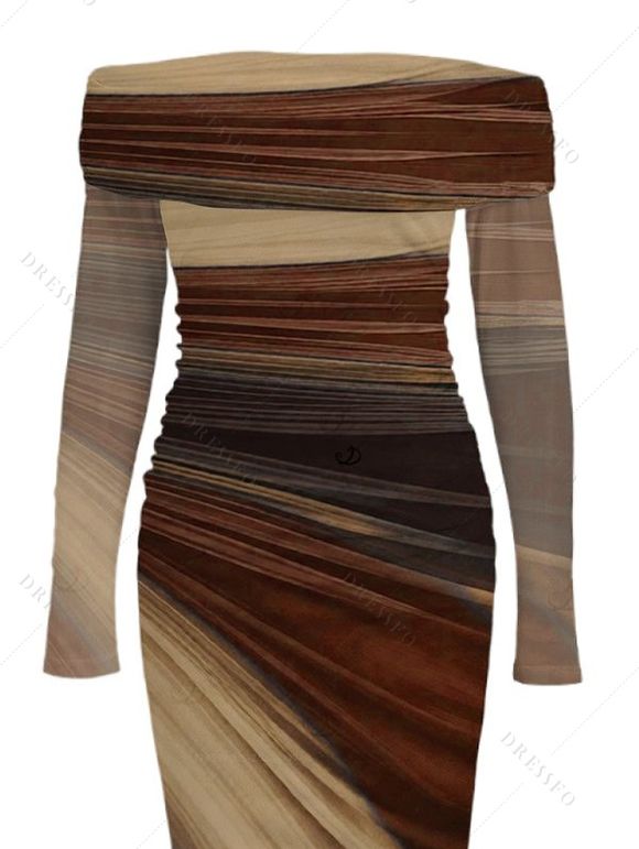 Elegant Party Dress Tie Dye Print Off the Shoulder Ruched Mesh Panel Bodycon Dress - Bronze XXL | US 14