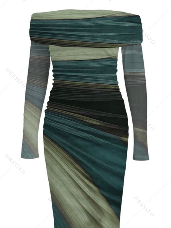 Elegant Party Dress Tie Dye Print Off the Shoulder Ruched Mesh Panel Bodycon Dress - Vert XL | US 12
