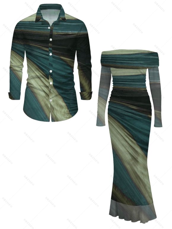 Vintage Couple Outfit Tie Dye Print Off the Shoulder Ruched Mesh Panel Bodycon Dress and Long Sleeve Shirt Set - Vert S | US 4
