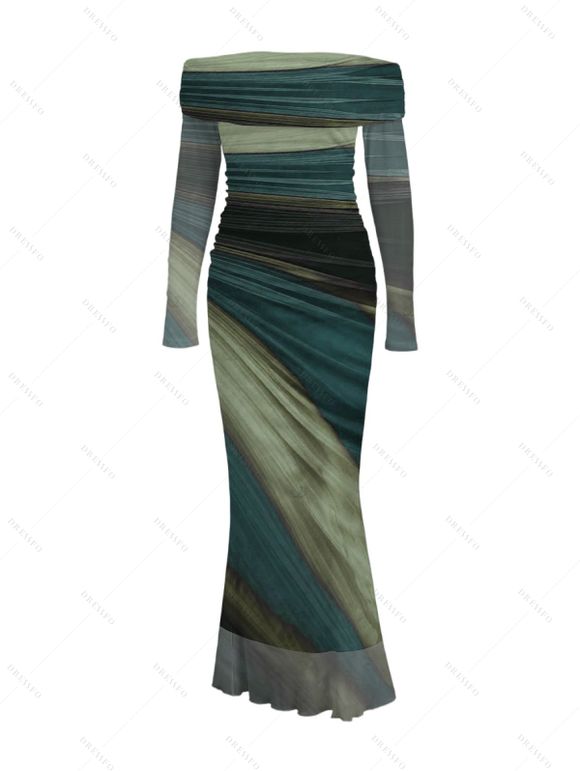 Vintage Couple Outfit Tie Dye Print Off the Shoulder Ruched Mesh Panel Bodycon Dress and Long Sleeve Shirt Set - Vert S | US 4