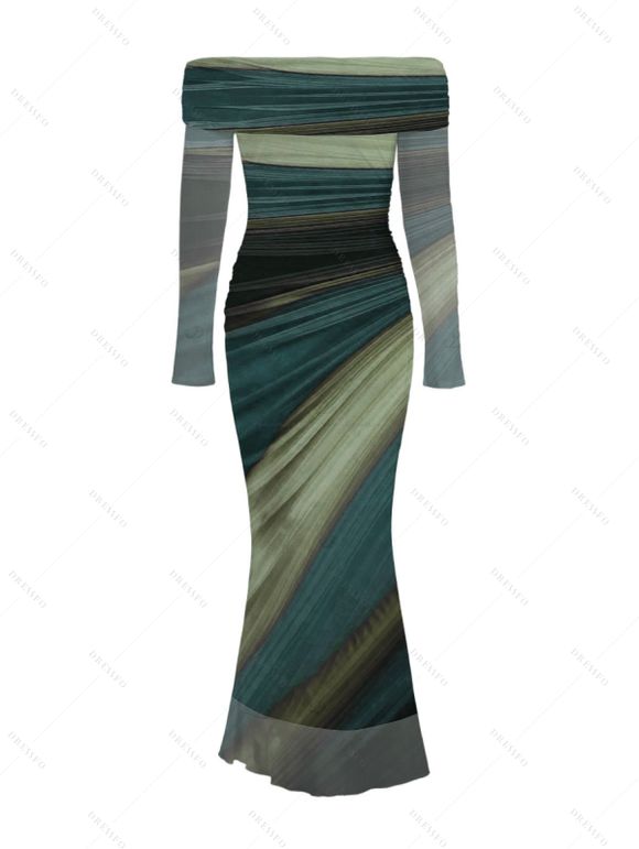 Vintage Couple Outfit Tie Dye Print Off the Shoulder Ruched Mesh Panel Bodycon Dress and Long Sleeve Shirt Set - Vert S | US 4