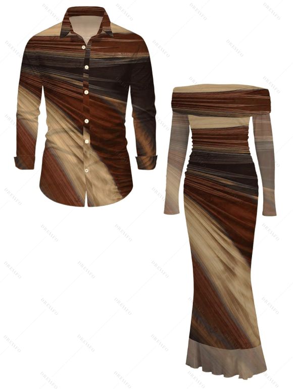 Vintage Couple Outfit Tie Dye Print Off the Shoulder Ruched Mesh Panel Bodycon Dress and Long Sleeve Shirt Set - Bronze S | US 4