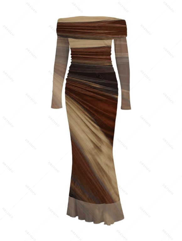 Vintage Couple Outfit Tie Dye Print Off the Shoulder Ruched Mesh Panel Bodycon Dress and Long Sleeve Shirt Set - Bronze S | US 4