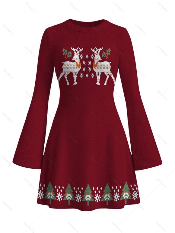 Christmas Sweater Dress Elk Snowflake Christmas Tree Print Long Sleeve Bodycon Mini Dress - Rouge Vineux S | US 4