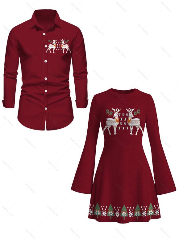 Christmas Couple Outfit Elk Snowflake Christmas Tree Print Bodycon Mini Sweater Dress and Long Sleeve Shirt Set - Rouge Vineux S | US 4