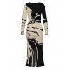 Winter Dress Colorblock Abstract Ink Painting Print U Neck Long Sleeve Bodycon Dress - Noir M | US 6