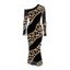 Elegant Party Dress Leopard Print with Gold Foil Line Print Skew Neck Mesh Panel Long Sleeve Bodycon Dress - Noir L | US 8-10