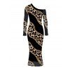 Elegant Party Dress Leopard Print with Gold Foil Line Print Skew Neck Mesh Panel Long Sleeve Bodycon Dress - Noir L | US 8-10