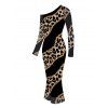 Elegant Party Dress Leopard Print with Gold Foil Line Print Skew Neck Mesh Panel Long Sleeve Bodycon Dress - Noir L | US 8-10