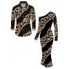 Party Couple Outfit Leopard Print with Gold Foil Line Print Skew Neck Mesh Panel Bodycon Dress and Long Sleeve Shirt Set - Noir S | US 4
