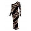 Party Couple Outfit Leopard Print with Gold Foil Line Print Skew Neck Mesh Panel Bodycon Dress and Long Sleeve Shirt Set - Noir S | US 4
