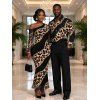 Party Couple Outfit Leopard Print with Gold Foil Line Print Skew Neck Mesh Panel Bodycon Dress and Long Sleeve Shirt Set - Noir S | US 4