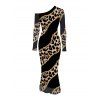 Party Couple Outfit Leopard Print with Gold Foil Line Print Skew Neck Mesh Panel Bodycon Dress and Long Sleeve Shirt Set - Noir S | US 4