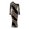 Party Couple Outfit Leopard Print with Gold Foil Line Print Skew Neck Mesh Panel Bodycon Dress and Long Sleeve Shirt Set - Noir S | US 4
