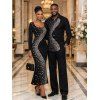 Party Couple Outfit Diagonal Rhinestone Dot Print U Neck Bodycon Dress and Long Sleeve Shirt Set - Noir S | US 4