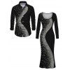 Party Couple Outfit Diagonal Rhinestone Dot Print U Neck Bodycon Dress and Long Sleeve Shirt Set - Noir S | US 4