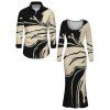 Winter Couple Outfit Colorblock Abstract Ink Painting Print U Neck Bodycon Dress and Long Sleeve Shirt Set - Noir S | US 4