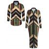 Vintage Couple Outfit Colorblock Geometric Zig Zag Print Ruched Button Up Bodycon Shirt Dress and Long Sleeve Shirt Set - multicolor A S | US 4