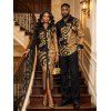 Party Couple Outfit Gold Glitter Rose Floral Print Ruched Button Up Bodycon Shirt Dress and Long Sleeve Shirt Set - Noir S