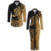 Party Couple Outfit Gold Glitter Rose Floral Print Ruched Button Up Bodycon Shirt Dress and Long Sleeve Shirt Set - Noir S