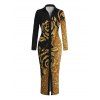Party Couple Outfit Gold Glitter Rose Floral Print Ruched Button Up Bodycon Shirt Dress and Long Sleeve Shirt Set - Noir S