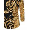Men's Party Shirt Gold Glitter Rose Floral Print Button Up Long Sleeve Shirt - Noir 5XL