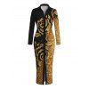 Party Shirt Dress Gold Glitter Rose Floral Print Ruched Button Up Long Sleeve Bodycon Dress - Noir S | US 4