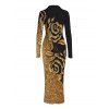 Party Shirt Dress Gold Glitter Rose Floral Print Ruched Button Up Long Sleeve Bodycon Dress - Noir S | US 4