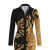 Party Shirt Dress Gold Glitter Rose Floral Print Ruched Button Up Long Sleeve Bodycon Dress - Noir S | US 4