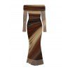 Vintage Couple Outfit Tie Dye Print Off the Shoulder Ruched Mesh Panel Bodycon Dress and Long Sleeve Shirt Set - Bronze S | US 4