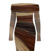Elegant Party Dress Tie Dye Print Off the Shoulder Ruched Mesh Panel Bodycon Dress - Bronze XXL | US 14