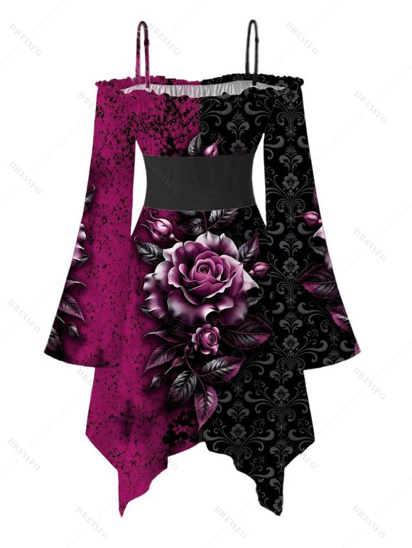Gothic Dress Colorblock Rose Floral Leaf Print Lace Up Belt Ruffle Off the Shoulder Bell Sleeve Handkerchief Dress - Noir XXL | US 14
