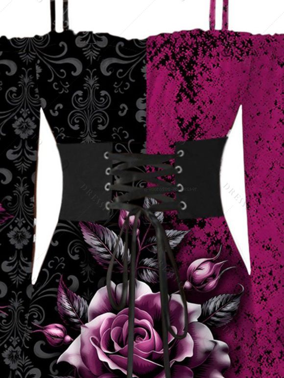 Gothic Dress Colorblock Rose Floral Leaf Print Lace Up Belt Ruffle Off the Shoulder Bell Sleeve Handkerchief Dress - Noir XXL | US 14