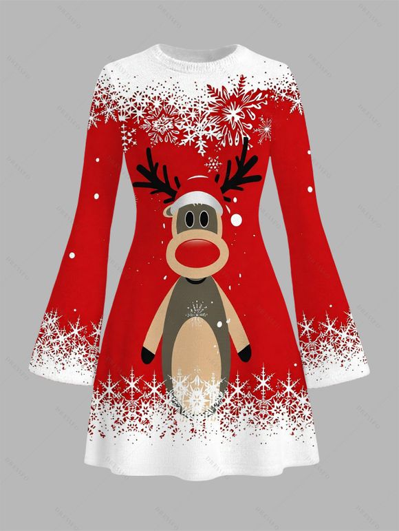 Christmas Couple Outfit Elk Snowflake Ombre Print Bodycon Mini Sweater Dress and Long Sleeve Shirt Set - Rouge S | US 4