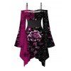 Gothic Dress Colorblock Rose Floral Leaf Print Lace Up Belt Ruffle Off the Shoulder Bell Sleeve Handkerchief Dress - Noir S | US 4