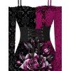 Gothic Dress Colorblock Rose Floral Leaf Print Lace Up Belt Ruffle Off the Shoulder Bell Sleeve Handkerchief Dress - Noir XXL | US 14