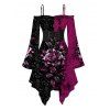Gothic Dress Colorblock Rose Floral Leaf Print Lace Up Belt Ruffle Off the Shoulder Bell Sleeve Handkerchief Dress - Noir XXL | US 14