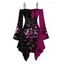 Gothic Dress Colorblock Rose Floral Leaf Print Lace Up Belt Ruffle Off the Shoulder Bell Sleeve Handkerchief Dress - Noir XXL | US 14