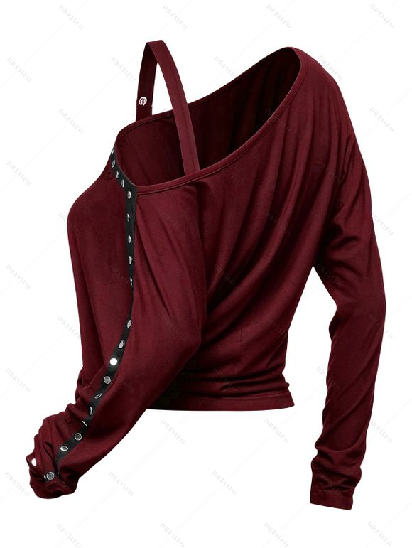 Punk Style Sweatshirt Solid Color Rivet Buckle Strap Skew Neck Long Sleeve Top - Rouge Vineux XXL | US 14