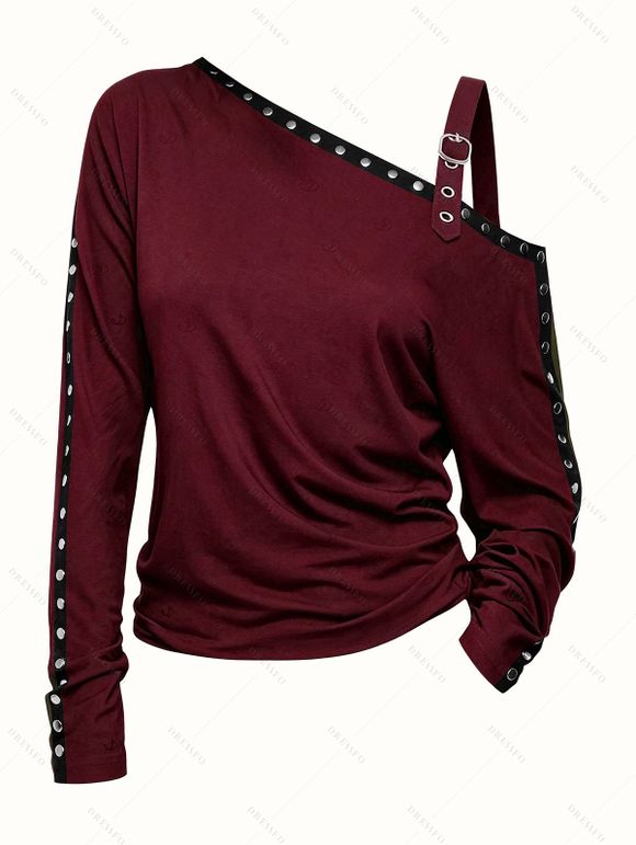 Punk Style Women Outfit Solid Color Rivet Buckle Strap Skew Neck Long Sleeve Sweatshirt and Grommet Leggings Set - Rouge Vineux S | US 4