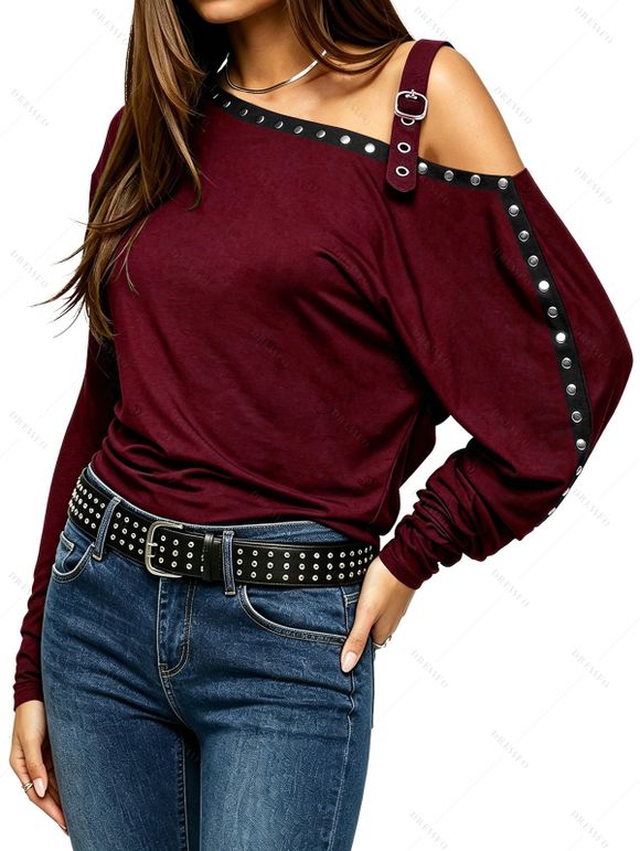 Punk Style Women Outfit Solid Color Rivet Buckle Strap Skew Neck Long Sleeve Sweatshirt and Grommet Leggings Set - Rouge Vineux S | US 4
