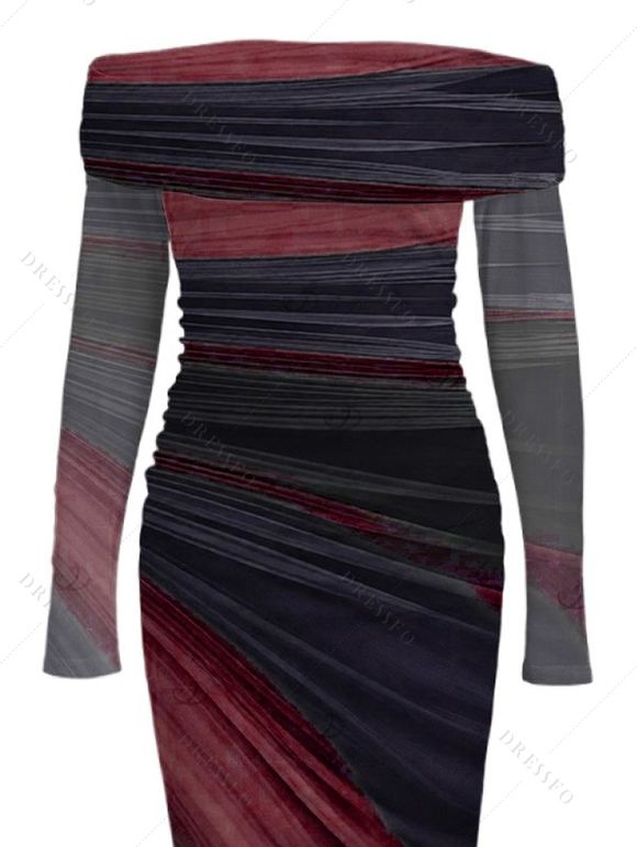 Elegant Party Dress Tie Dye Print Off the Shoulder Ruched Mesh Panel Bodycon Dress - Rouge Vineux XXL | US 14