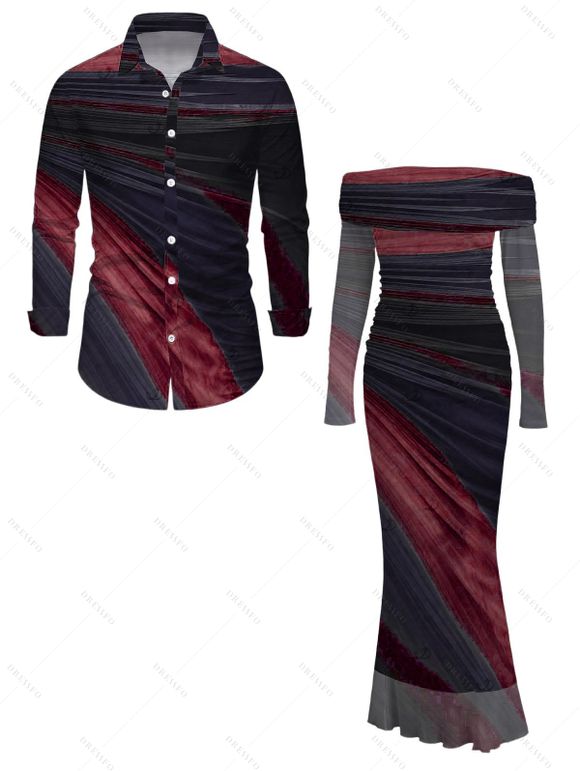 Vintage Couple Outfit Tie Dye Print Off the Shoulder Ruched Mesh Panel Bodycon Dress and Long Sleeve Shirt Set - Rouge Vineux S | US 4