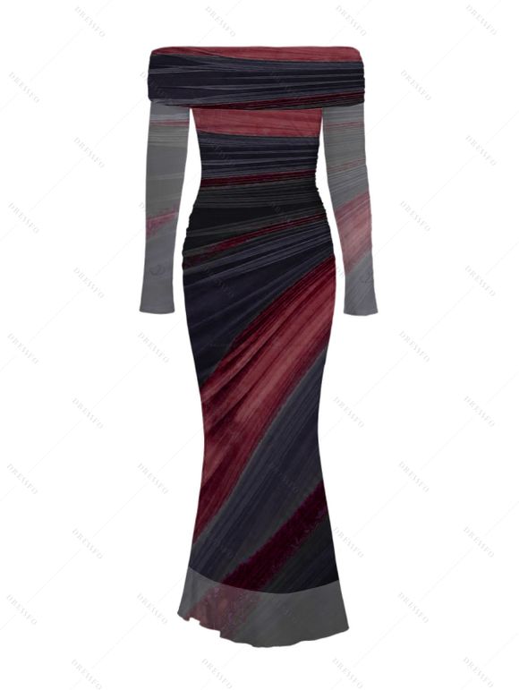 Vintage Couple Outfit Tie Dye Print Off the Shoulder Ruched Mesh Panel Bodycon Dress and Long Sleeve Shirt Set - Rouge Vineux S | US 4