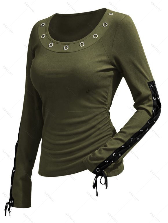Casual Women Outfit Solid Color Grommet Lace Up Round Neck Top and Chain Embellishment Skinny Pants Set - Vert S | US 4