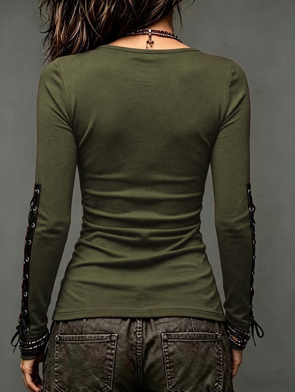 Casual Women Outfit Solid Color Grommet Lace Up Round Neck Top and Chain Embellishment Skinny Pants Set - Vert S | US 4