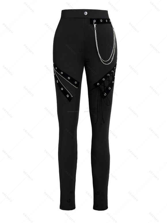 Casual Women Outfit Solid Color Grommet Lace Up Round Neck Top and Chain Embellishment Skinny Pants Set - Vert S | US 4