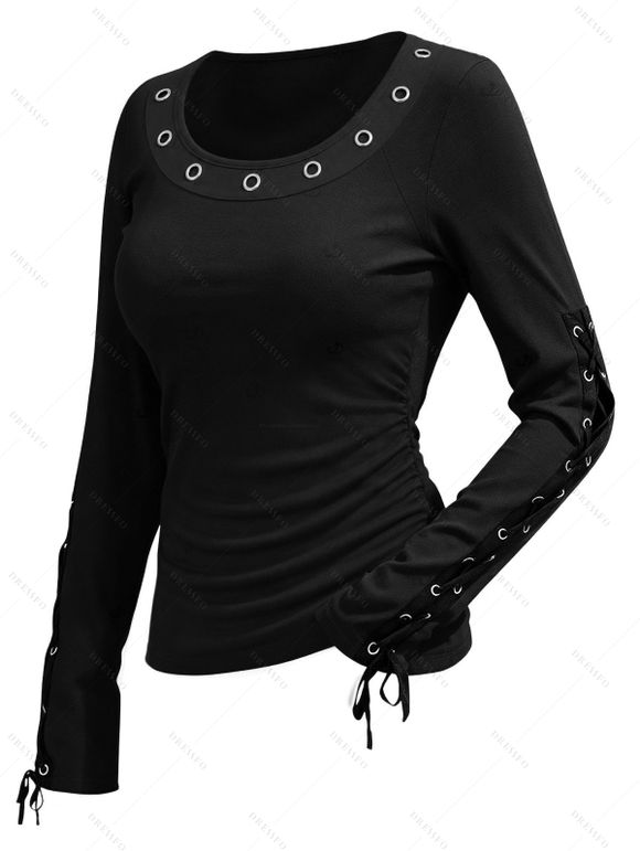 Casual Women Outfit Solid Color Grommet Lace Up Round Neck Top and Chain Embellishment Skinny Pants Set - Noir S | US 4