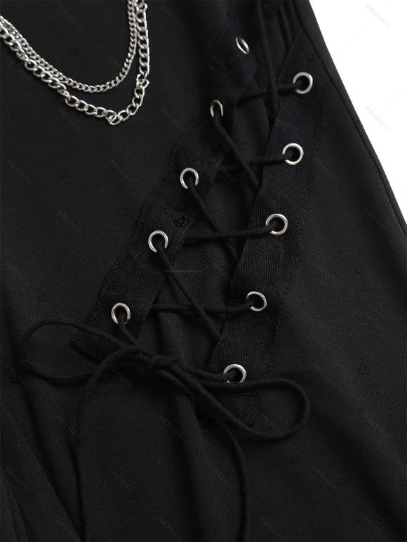 Casual Women Outfit Solid Color Grommet Lace Up Round Neck Top and Chain Embellishment Skinny Pants Set - Vert S | US 4